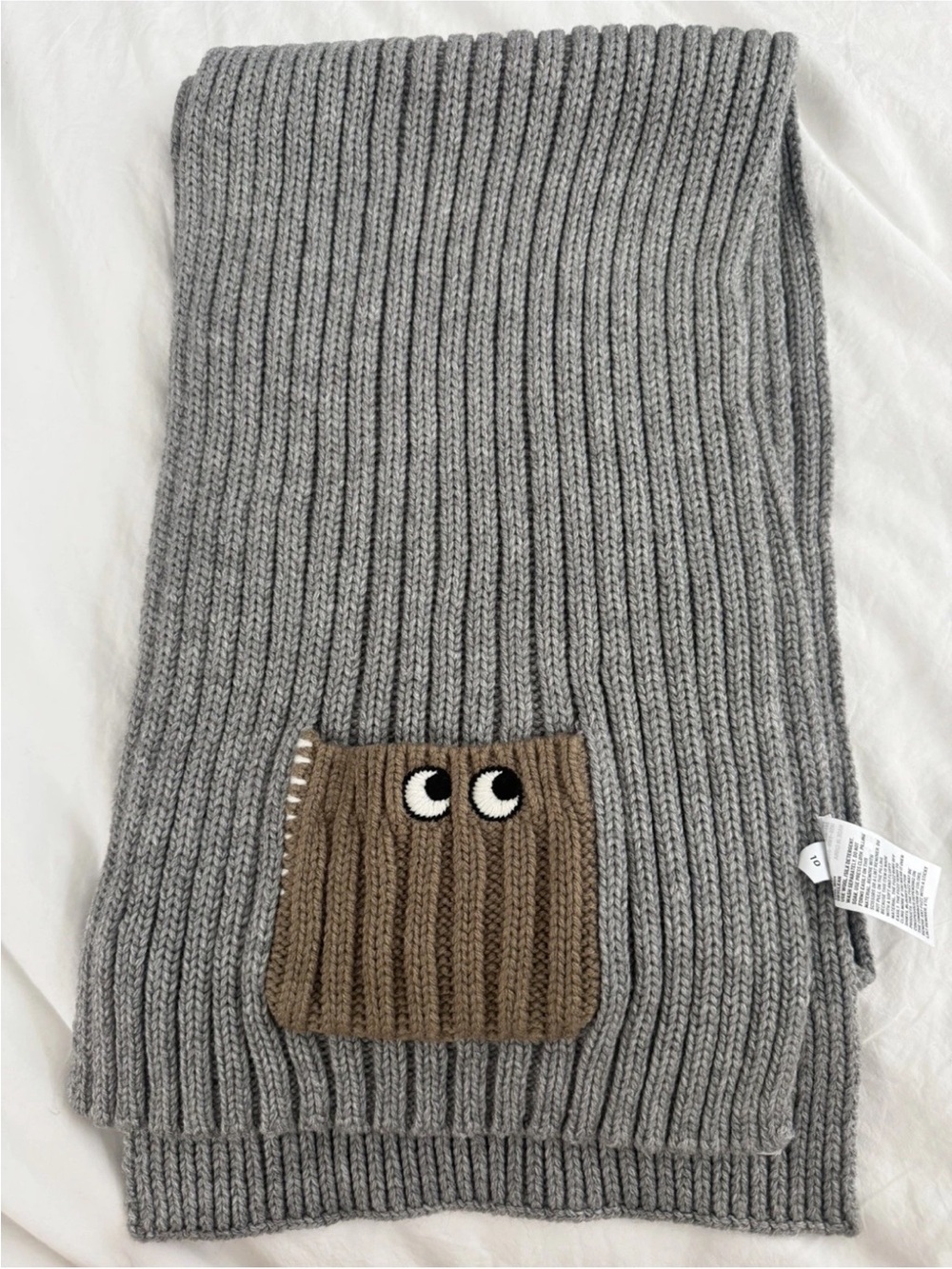 Anya Hindmarch Gray Ribbed Knit Scarf with Branded Patch